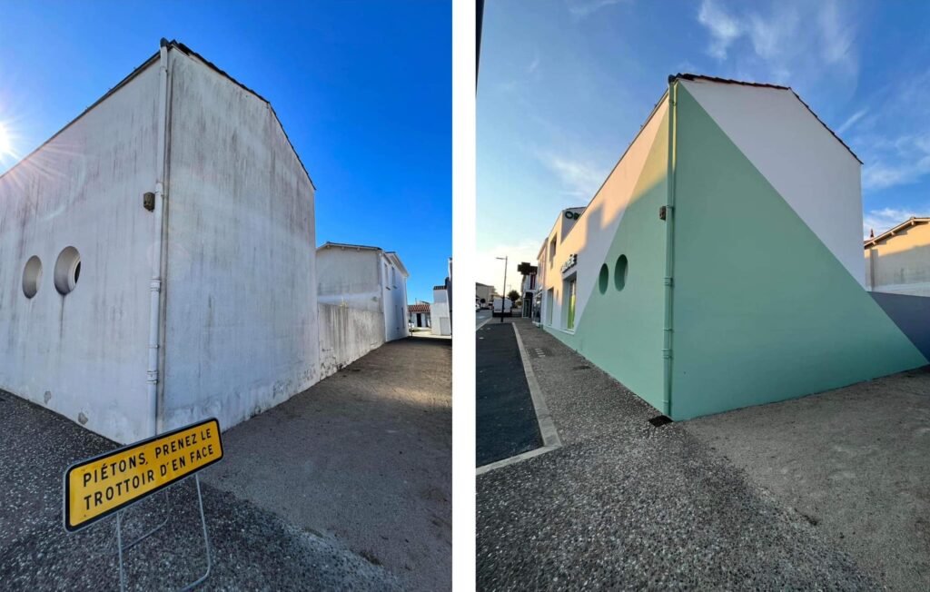 Présentation d'une pharmacie avant et après les travaux de peinture extérieure