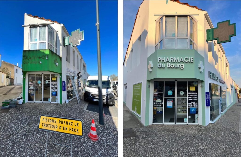 Présentation d'une pharmacie avant et après les travaux de peinture extérieure