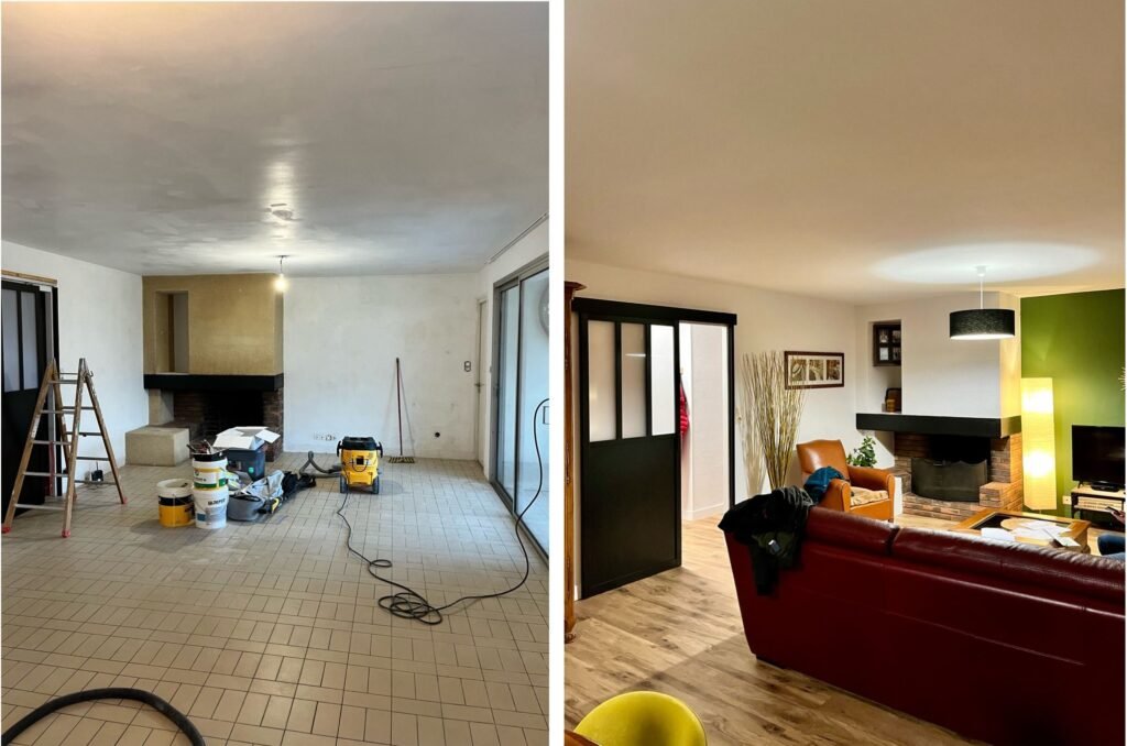 Présentation d'un salon avant et après les travaux de peinture intérieure